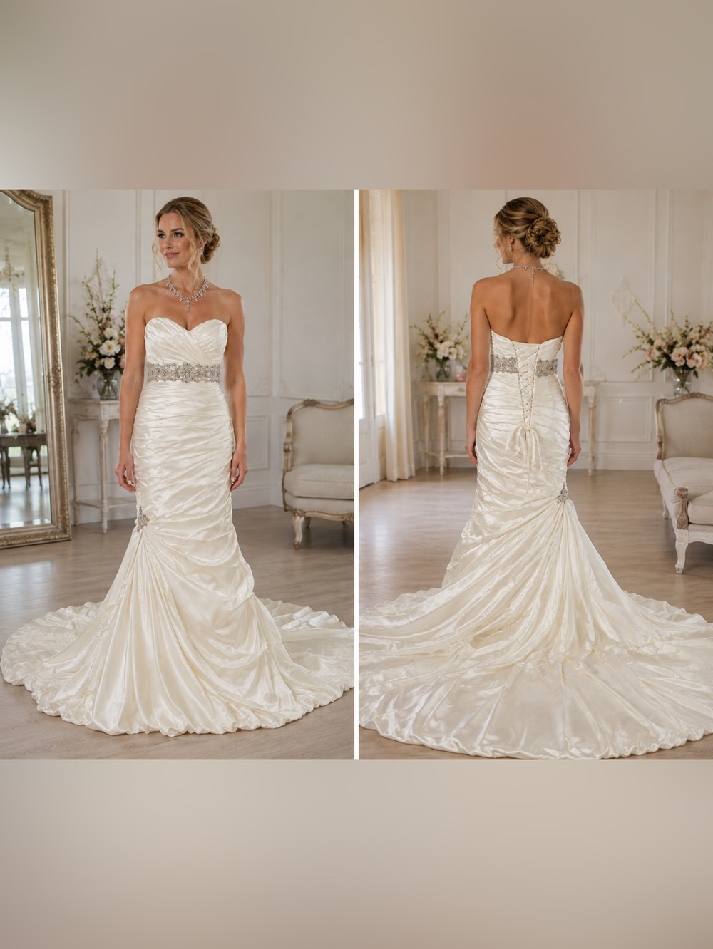 Y2K Sottero and Midgley Strapless Ivory Satin Wedding Gown with Beaded Waist